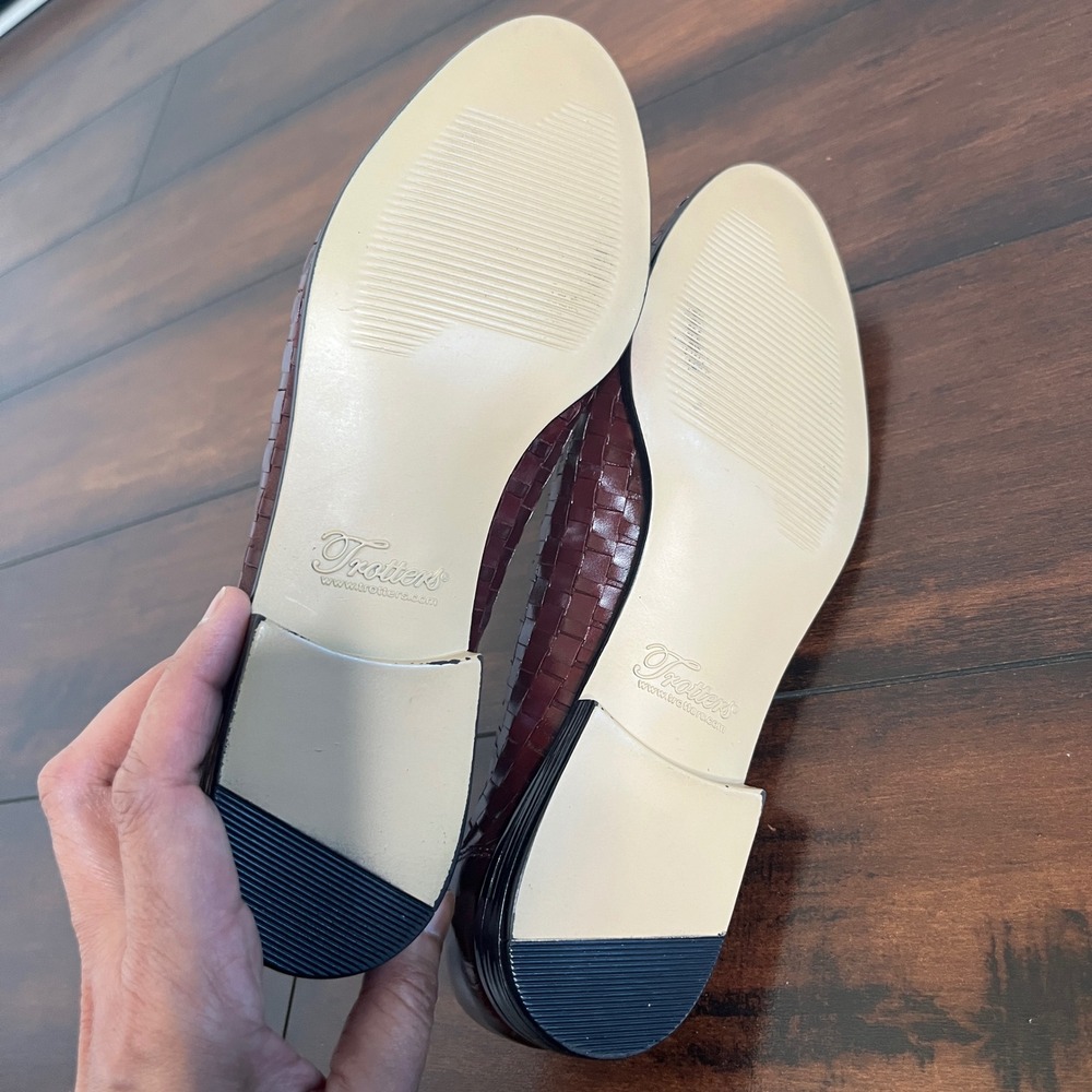 New Trotter Liz III Flats Loafers Women Size 7.5 Burgundy Leather Basketweave - Picture 9 of 11
